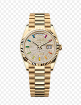 Gold Day Date 40mm Watch Fluted Bezel Diamond Paved Rainbow Sapphire Dial