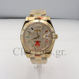 Gold Day Date 40mm Watch Fluted Bezel Diamond Paved Rainbow Sapphire Dial