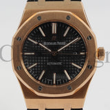 AUDEMARS PIGUET ROYAL OAK ROSE GOLD BLACK LEATHER WATCH - 41MM