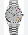 Day Date 40MM Watch Fluted Bezel Diamond Paved Rainbow Sapphire Dial
