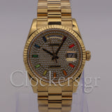 GOLD DAY DATE 36MM WATCH FLUTED BEZEL DIAMOND PAVED RAINBOW SAPPHIRE DIAL