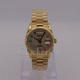 GOLD DAY DATE 36MM WATCH FLUTED BEZEL DIAMOND PAVED RAINBOW SAPPHIRE DIAL